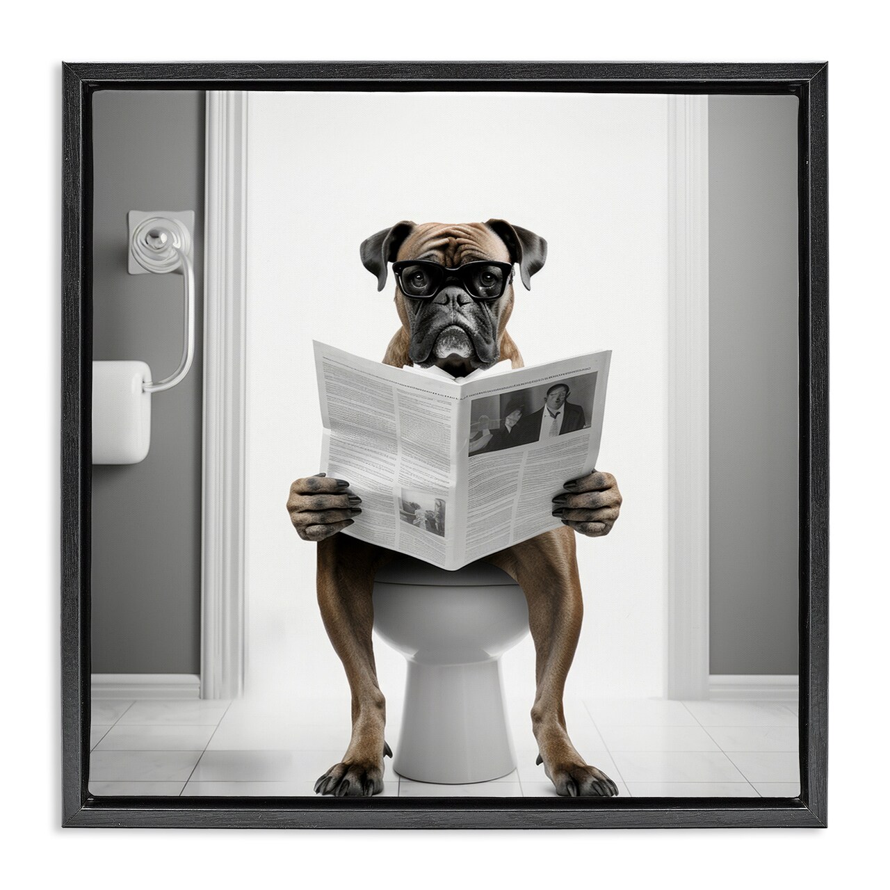 Stupell Industries Boxer Dog & Newspaper Framed Floater Canvas Wall Art